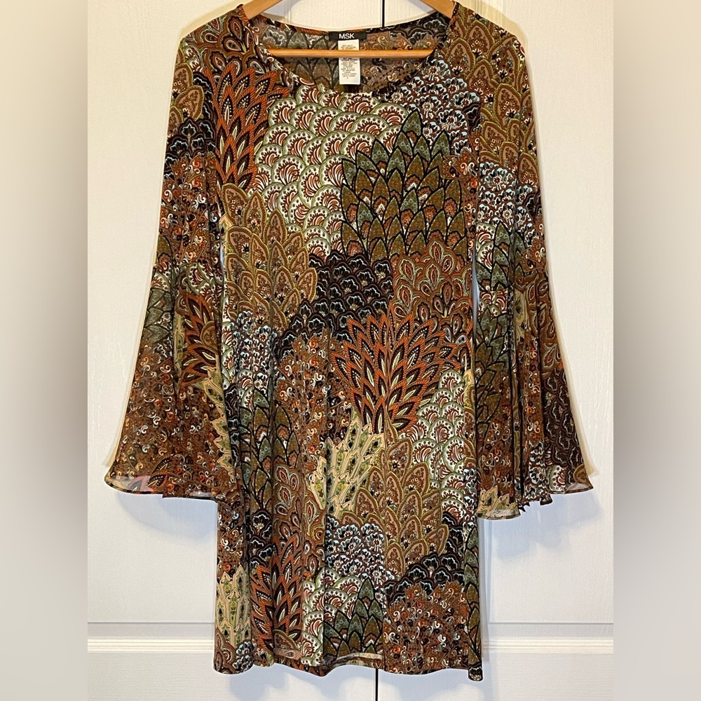 MSK Tan and Brown A-line Bell Sleeve Dress